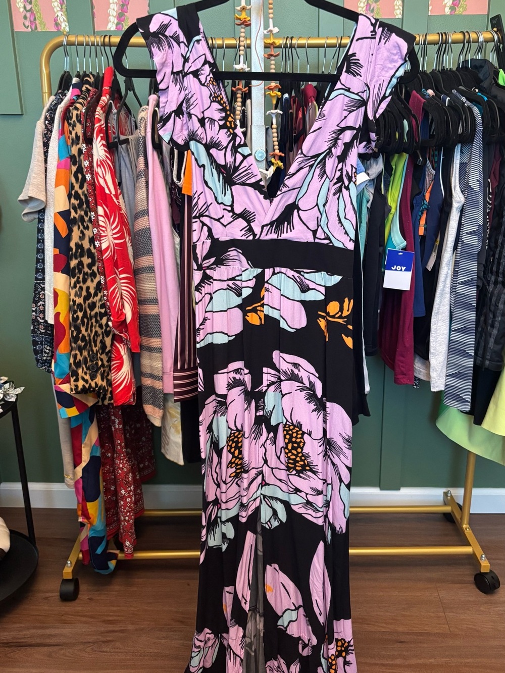 Maaji Floral V-Neck Maxi Dress in Black and Lavender XS/S
